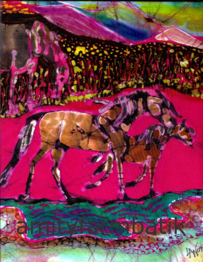 Mare and Foal in Pink Field | Batik by Carol Law Conklin