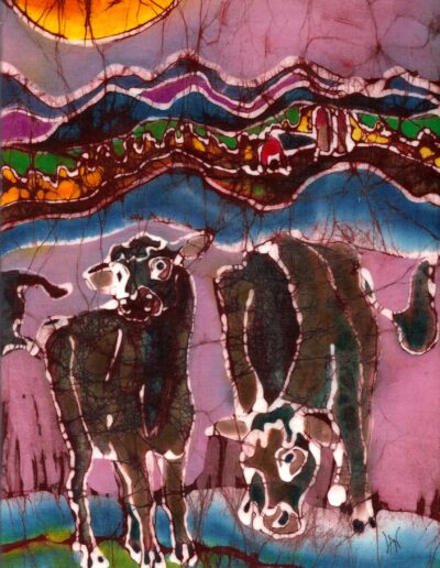 Brown Cows Below Hilly Farm | Batik by Carol Law Conklin