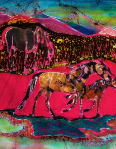 Mare and Foal in Pink Fields | Batik by Carol Law Conklin